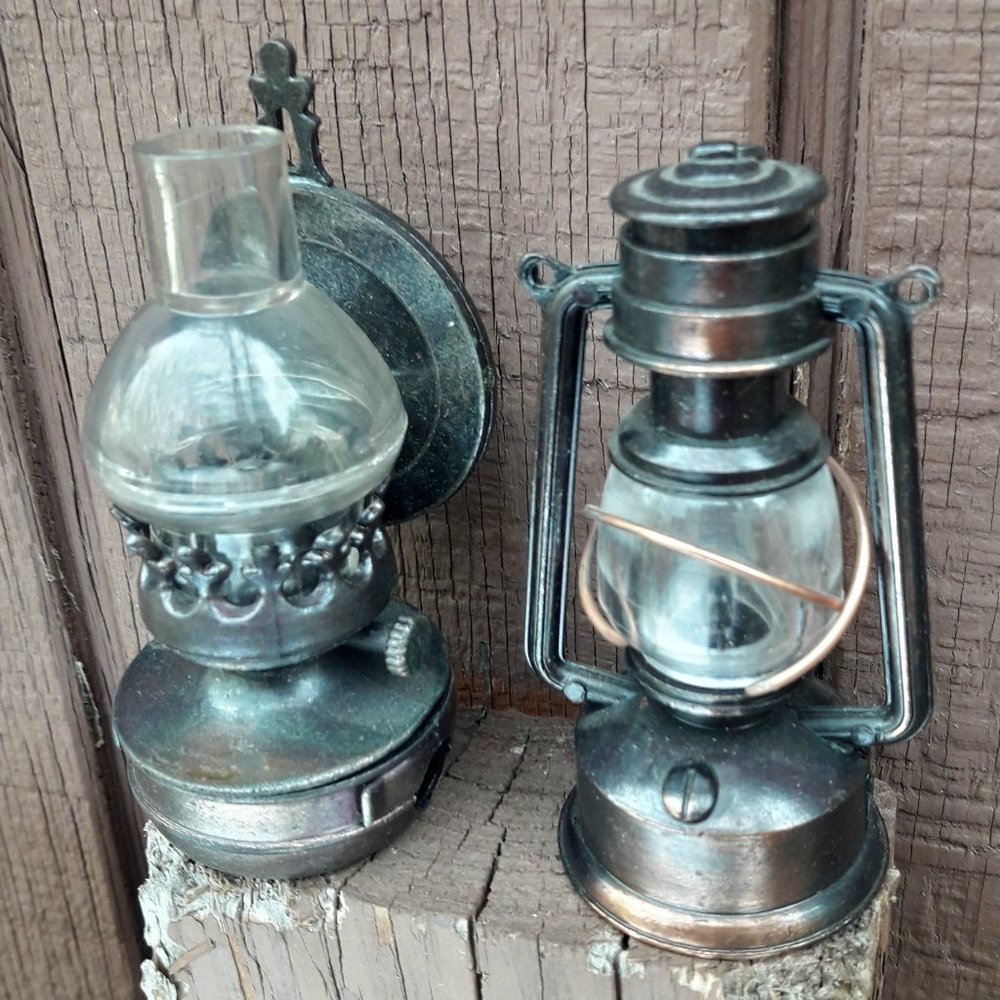 Mini Dollhouse Lanterns Cast Iron Pencil Sharpener Vintage Set of 2 Oil Lamps